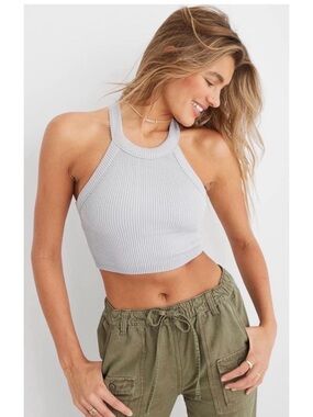 Aerie Superchill Seamless Ribbed Racerback high neck Crop Tank Top Gray Size M